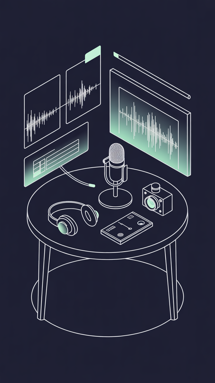 o imagine cu elemente holografice, o masa cu un microfond e podcast, casti, camere foto, si ecrane holografice in jurul mesei cu unde de sunet